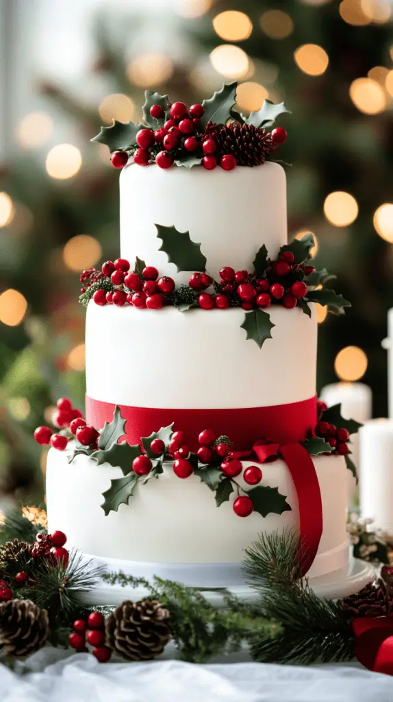 A three-tier Christmas wedding cake featuring smooth white fondant and classic red and green accents. 
