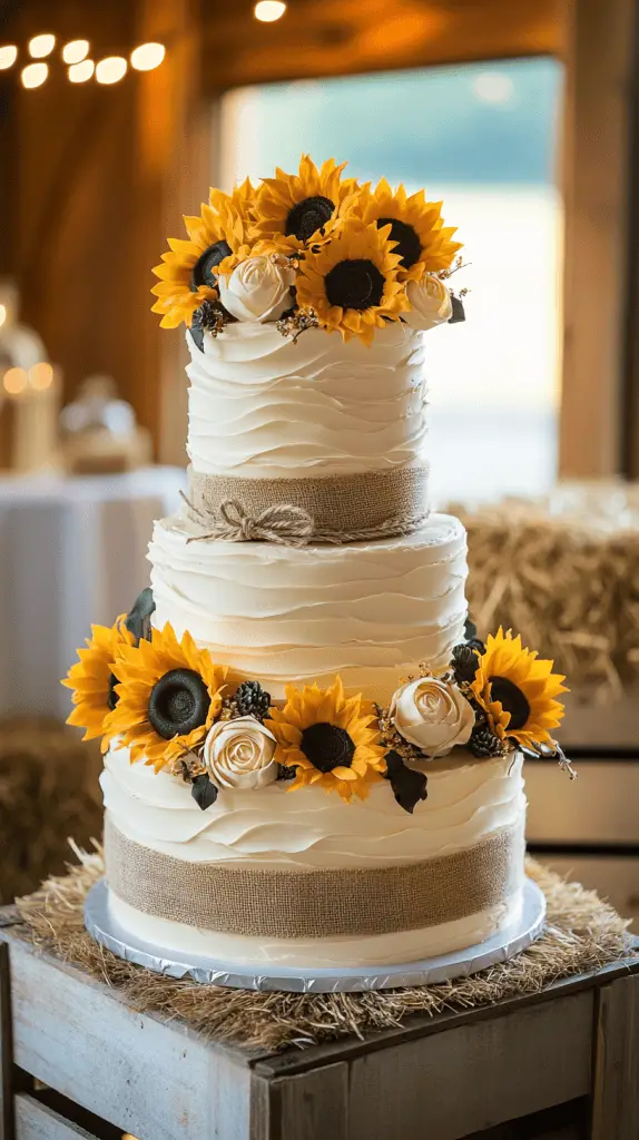 A three-tier buttercream cake with soft swirled texture and warm ivory tones.