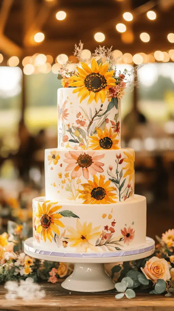 A three-tier fondant wedding cake featuring soft, hand-painted watercolor sunflowers in pastel yellows, peach, and blush pink.