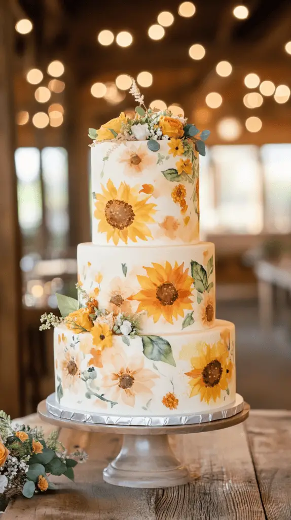 A three-tier fondant wedding cake featuring soft, hand-painted watercolor sunflowers in pastel yellows, peach, and blush pink.