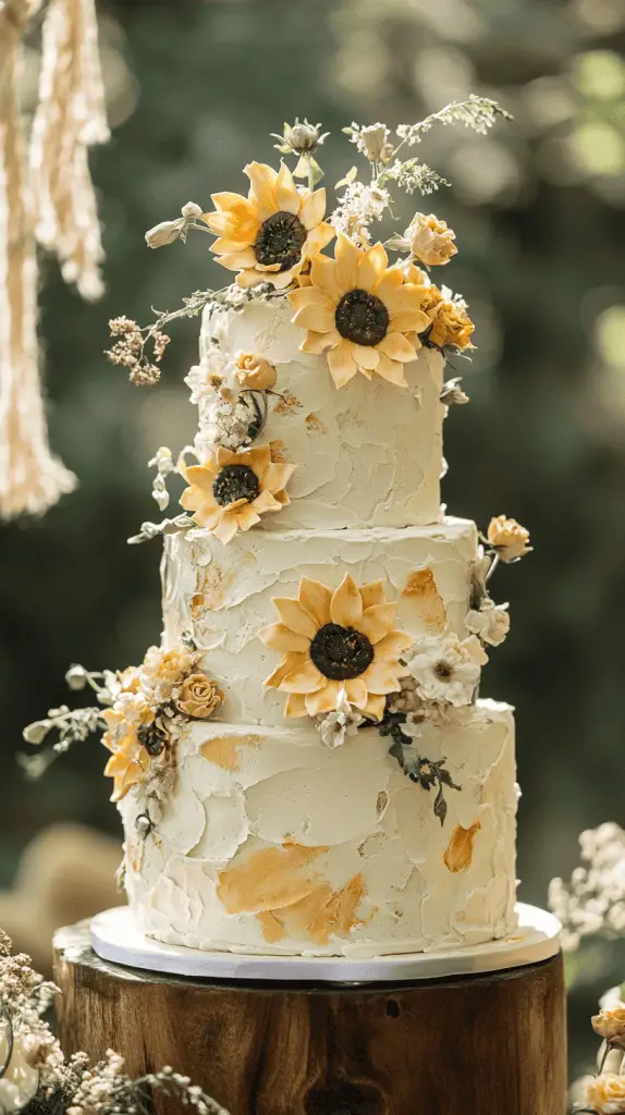 A three-tier wedding cake covered in smooth white buttercream with hand-piped sunflower details on each tier.
