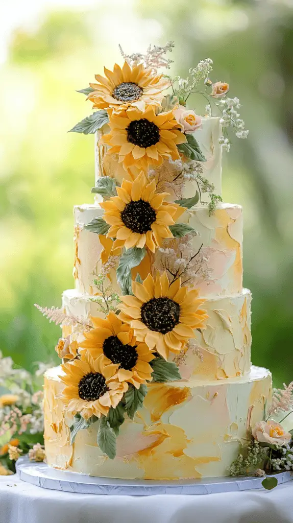 A three-tier wedding cake covered in smooth white buttercream with hand-piped sunflower details on each tier.