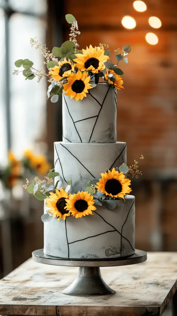 A unique three-tier wedding cake featuring alternating hexagon and round tiers.