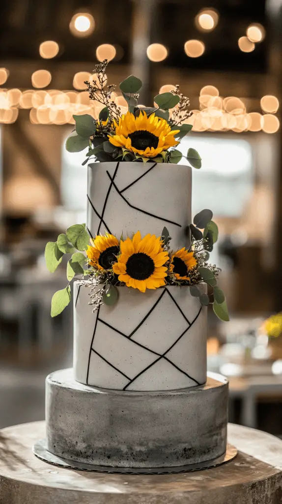 A unique three-tier wedding cake featuring alternating hexagon and round tiers.