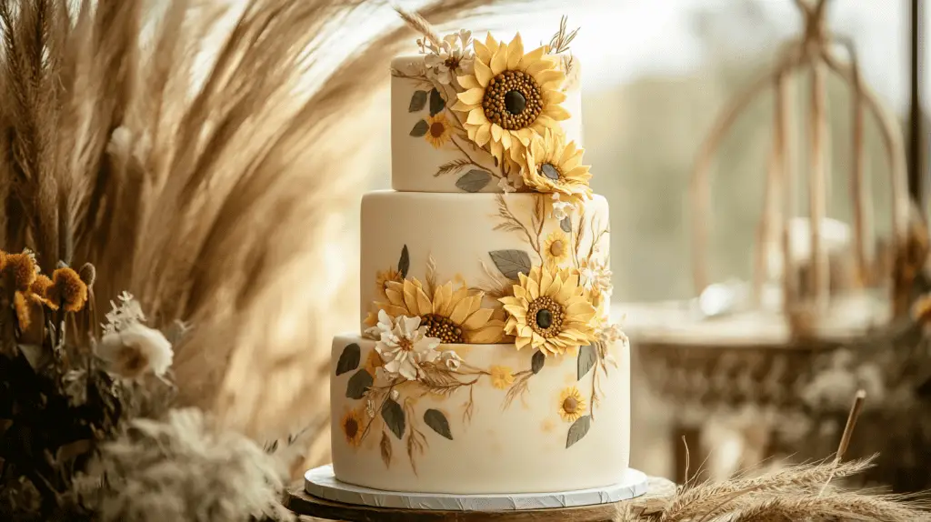 A three-tier fondant-covered wedding cake with hand-painted sunflower illustrations wrapping around each tier.