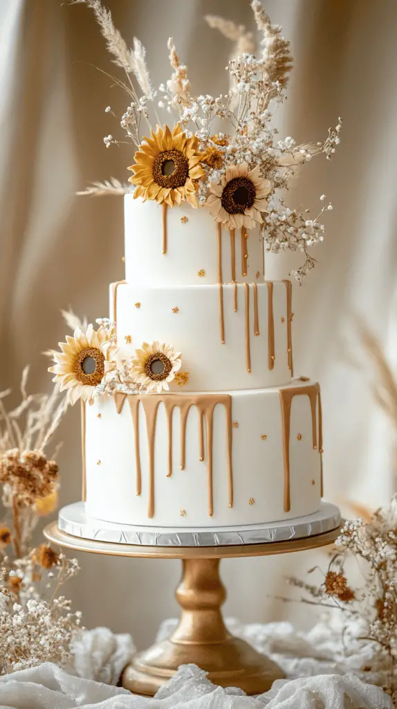 A three-tier white buttercream wedding cake featuring vibrant yellow ganache dripping down each tier.