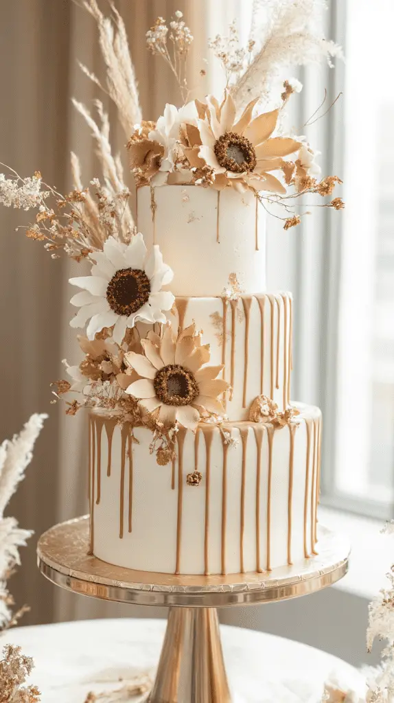A three-tier white buttercream wedding cake featuring vibrant yellow ganache dripping down each tier.
