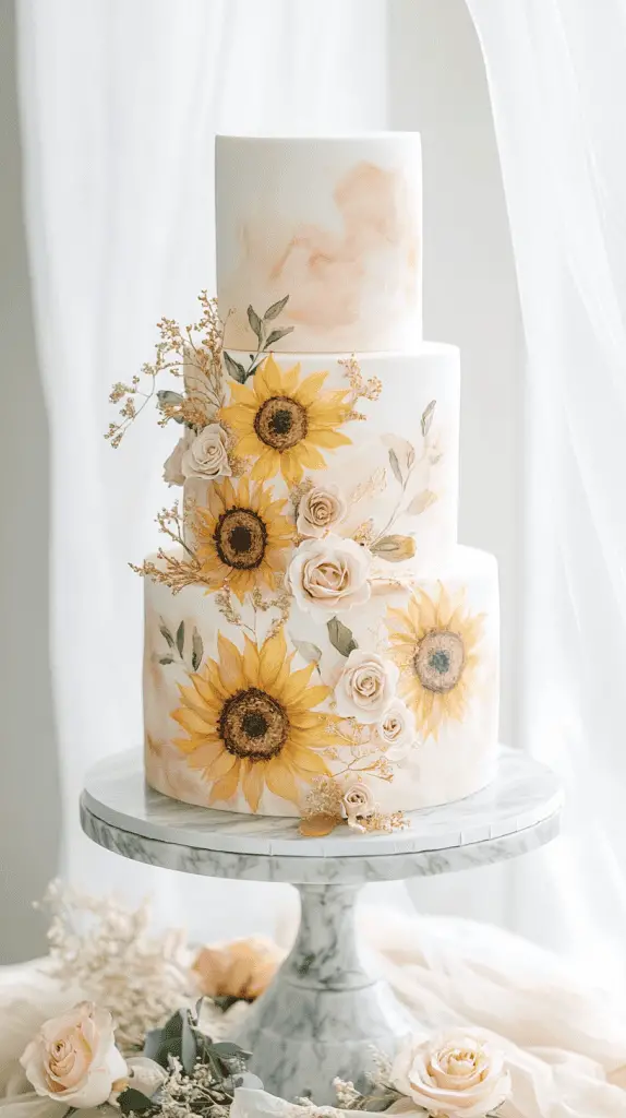 A three-tier fondant wedding cake featuring soft, hand-painted watercolor sunflowers in pastel yellows, peach, and blush pink.