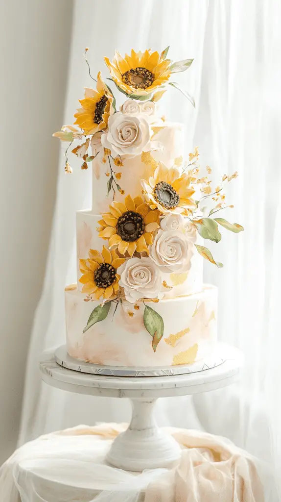 A three-tier fondant wedding cake featuring soft, hand-painted watercolor sunflowers in pastel yellows, peach, and blush pink.