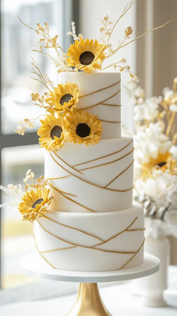 A unique three-tier wedding cake featuring alternating hexagon and round tiers.
