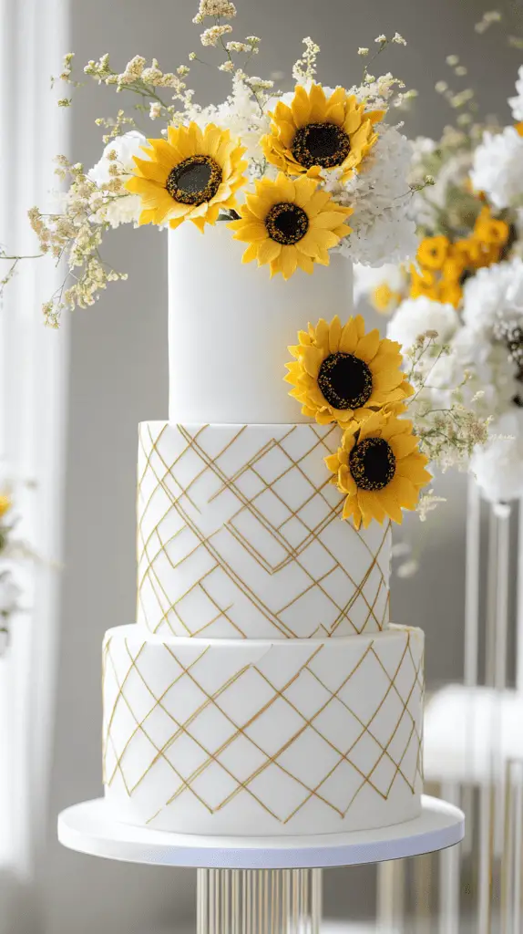 A unique three-tier wedding cake featuring alternating hexagon and round tiers.