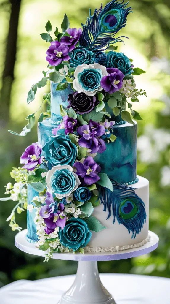 A three-tier peacock-inspired wedding cake adorned with vibrant edible flowers in shades of royal blue, emerald green, and teal.