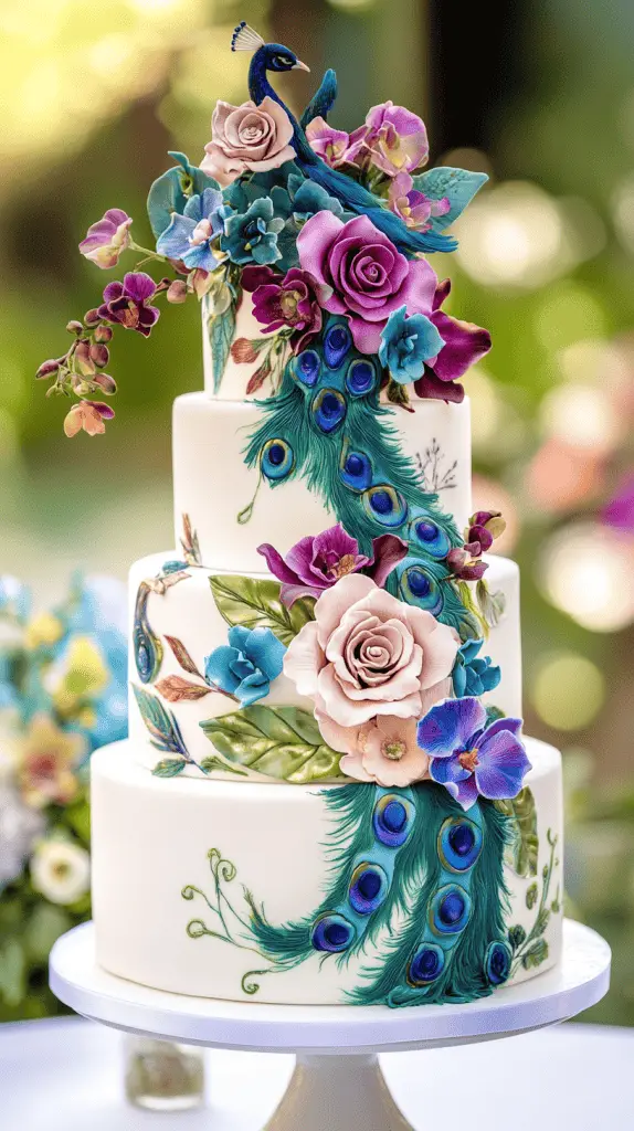 A three-tier peacock-inspired wedding cake adorned with vibrant edible flowers in shades of royal blue, emerald green, and teal.