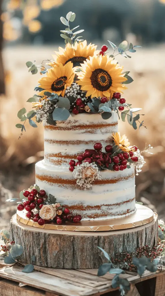 A three-tier rustic naked wedding cake with lightly frosted edges and exposed sponge layers.