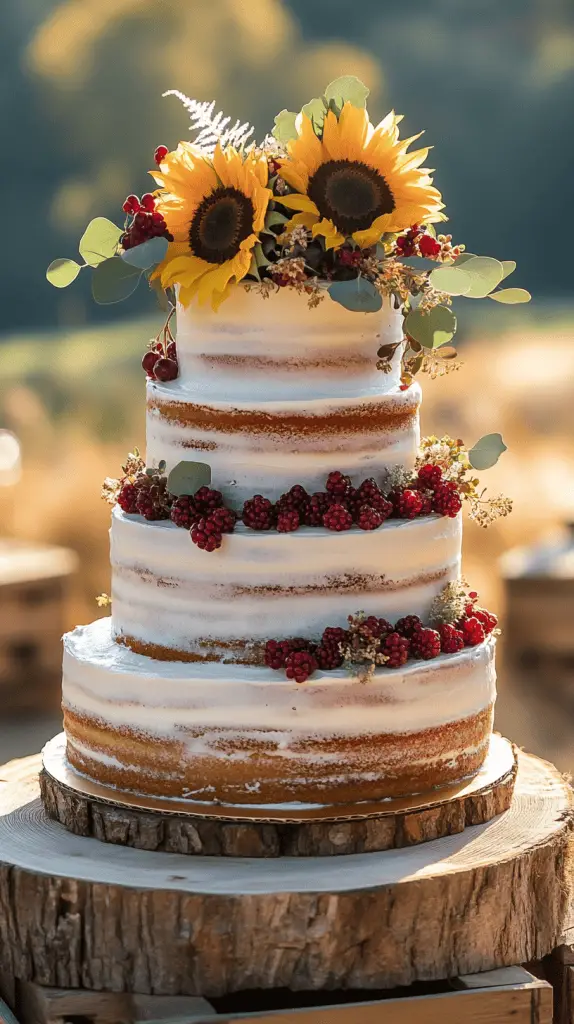 A three-tier rustic naked wedding cake with lightly frosted edges and exposed sponge layers.