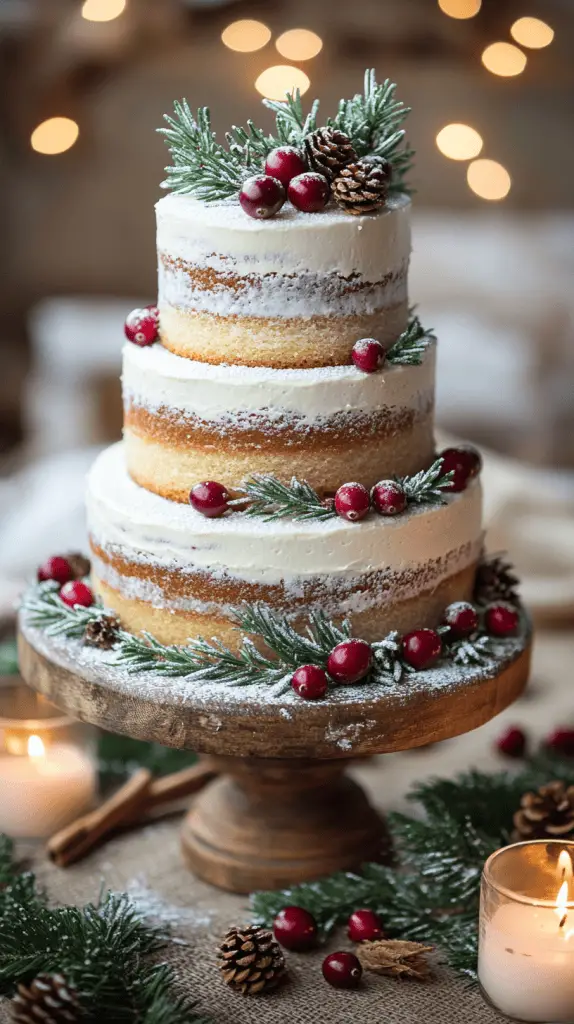 A three-tier rustic naked wedding cake with exposed golden-brown sponge layers and minimal white frosting, gently smoothed across each tier. 