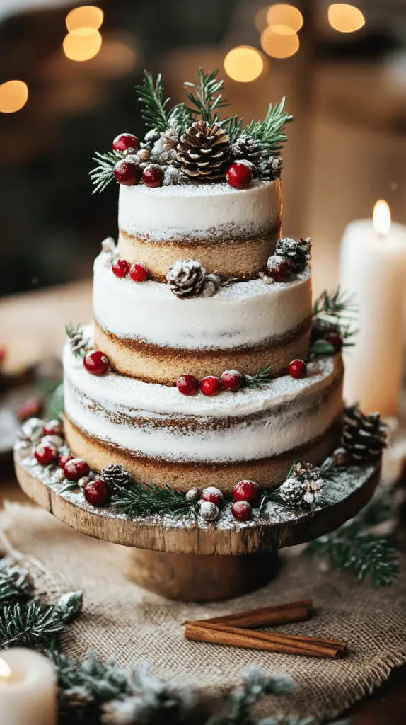 A three-tier rustic naked wedding cake with exposed golden-brown sponge layers and minimal white frosting, gently smoothed across each tier. 