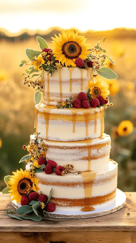 A three-tier rustic naked wedding cake with lightly frosted edges and exposed sponge layers.