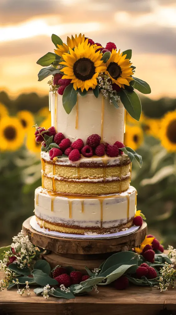 A three-tier rustic naked wedding cake with lightly frosted edges and exposed sponge layers.