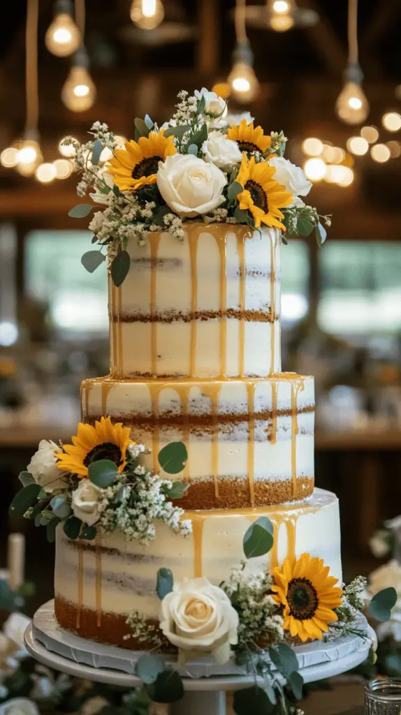A three-tier white buttercream wedding cake featuring vibrant yellow ganache dripping down each tier.