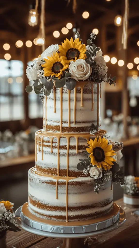 A three-tier white buttercream wedding cake featuring vibrant yellow ganache dripping down each tier.