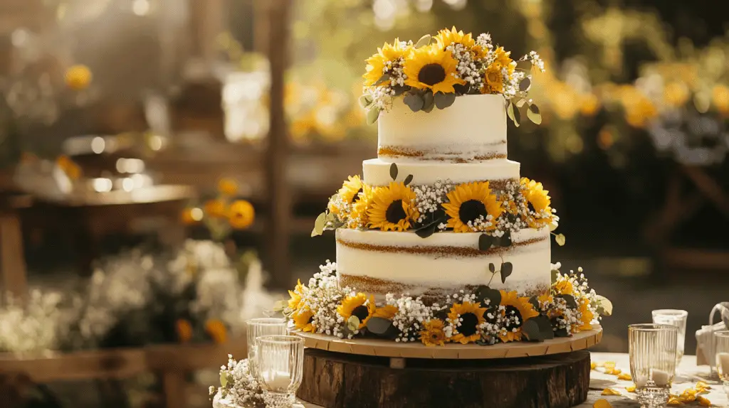 A three-tier semi-sponge wedding cake with lightly frosted vanilla sponge layers.
