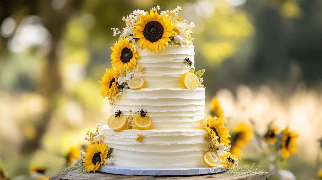 A three-tier sunflower-themed wedding cake inspired by flavors of honey, lemon, and vanilla.