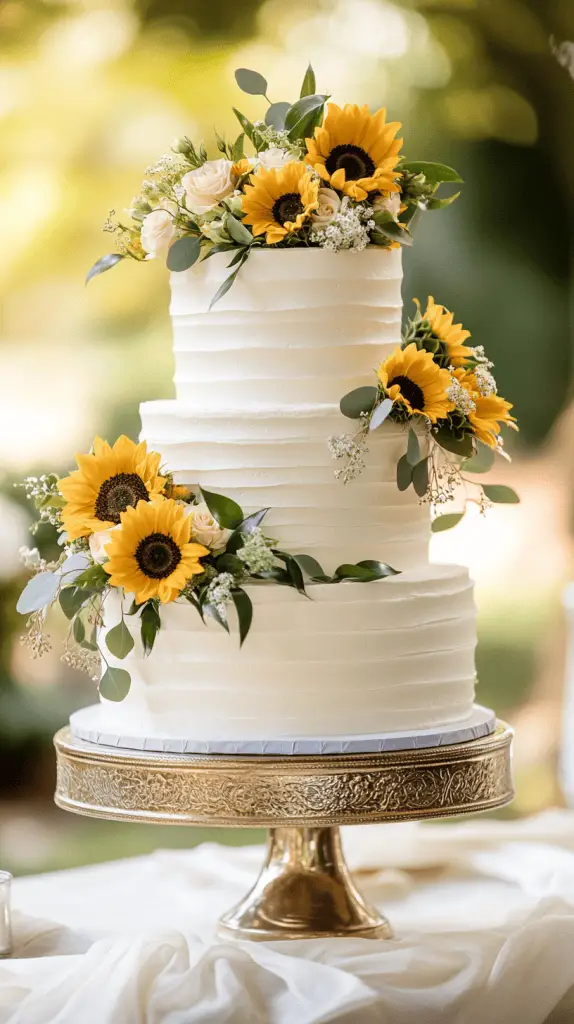 A three-tier wedding cake covered in smooth white buttercream with hand-piped sunflower details on each tier.