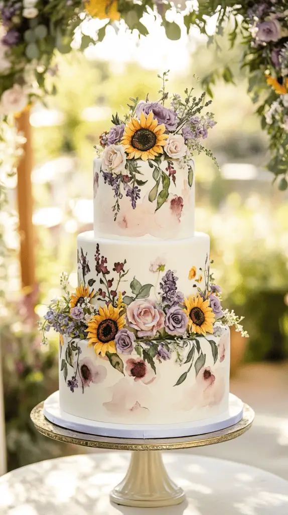 A three-tier fondant wedding cake featuring soft, hand-painted watercolor sunflowers in pastel yellows, peach, and blush pink.