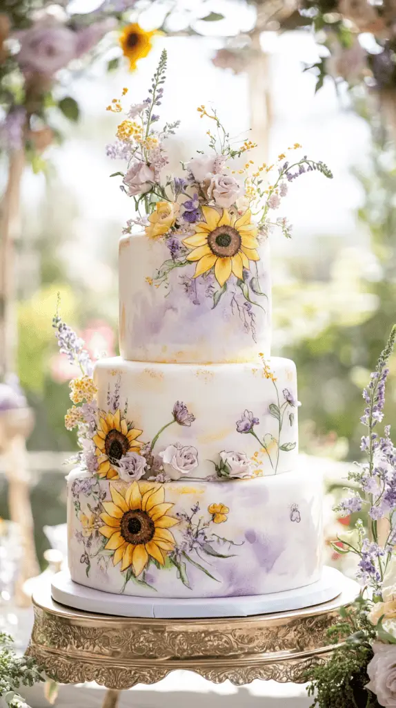 A three-tier fondant wedding cake featuring soft, hand-painted watercolor sunflowers in pastel yellows, peach, and blush pink.