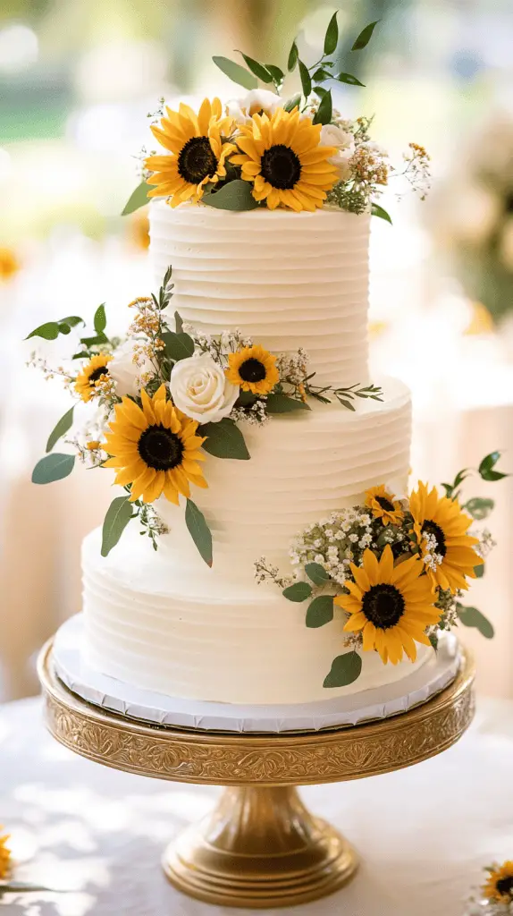 A three-tier wedding cake covered in smooth white buttercream with hand-piped sunflower details on each tier.