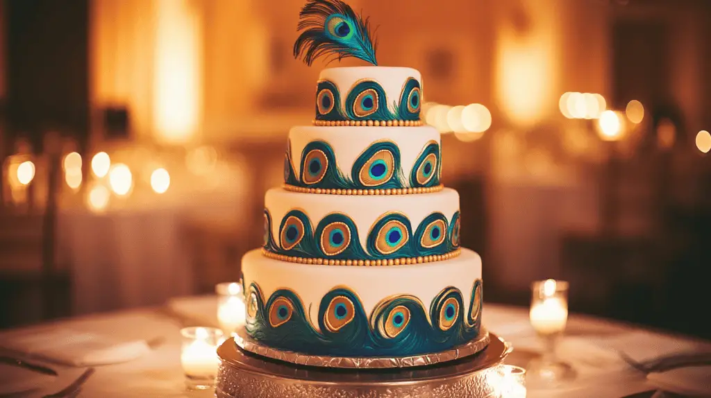 A three-tier wedding cake fully in frame, decorated with elegant peacock feather patterns in royal blue, emerald green, and gold. 
