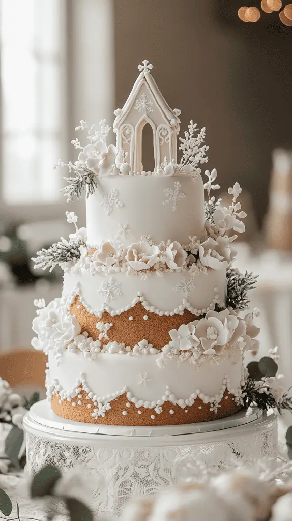 A warm-toned three-tier wedding cake with gingerbread-colored sponge wrapped in a smooth layer of ivory fondant. 