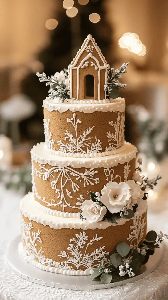 A warm-toned three-tier wedding cake with gingerbread-colored sponge wrapped in a smooth layer of ivory fondant. 