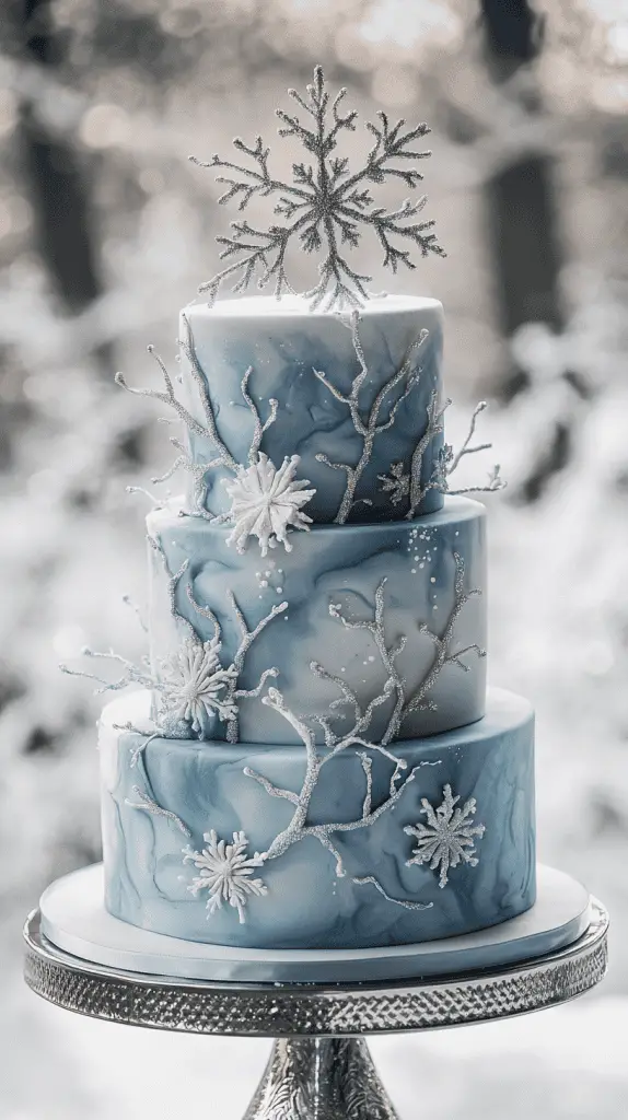 A three-tier wedding cake in an icy blue and white color palette, with a marbled fondant finish.
