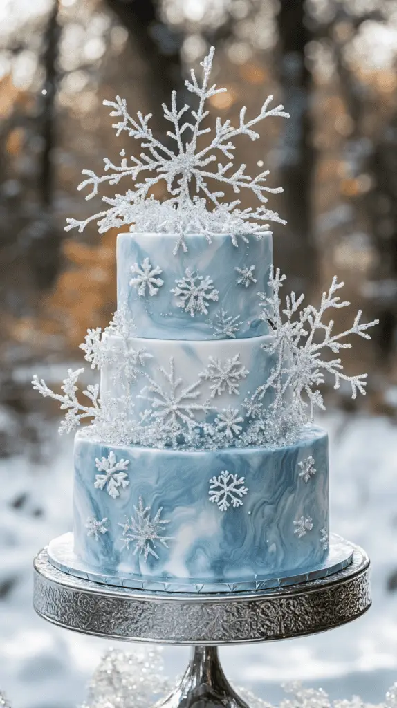 A three-tier wedding cake in an icy blue and white color palette, with a marbled fondant finish.