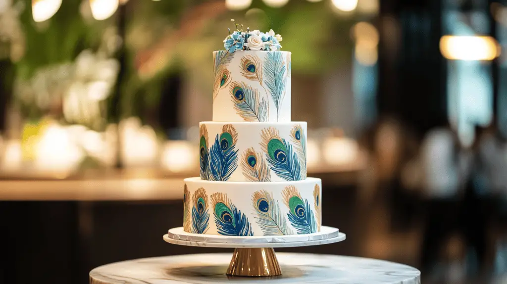 A three-tier wedding cake in full frame, blending traditional peacock motifs with modern minimalism.