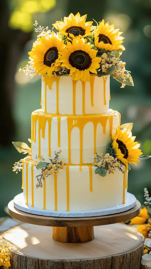 A three-tier white buttercream wedding cake featuring vibrant yellow ganache dripping down each tier.