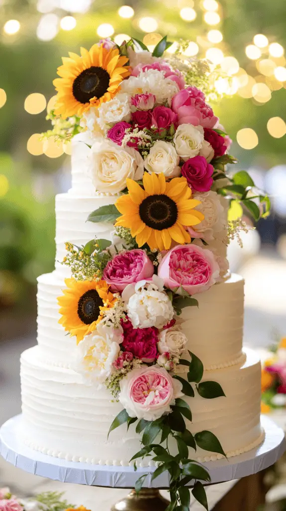 A three-tier white buttercream wedding cake with a vibrant floral cascade flowing from the top to the bottom tier.