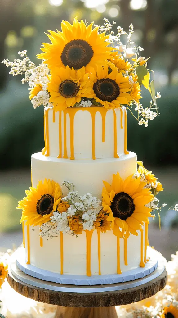 A three-tier white buttercream wedding cake featuring vibrant yellow ganache dripping down each tier.