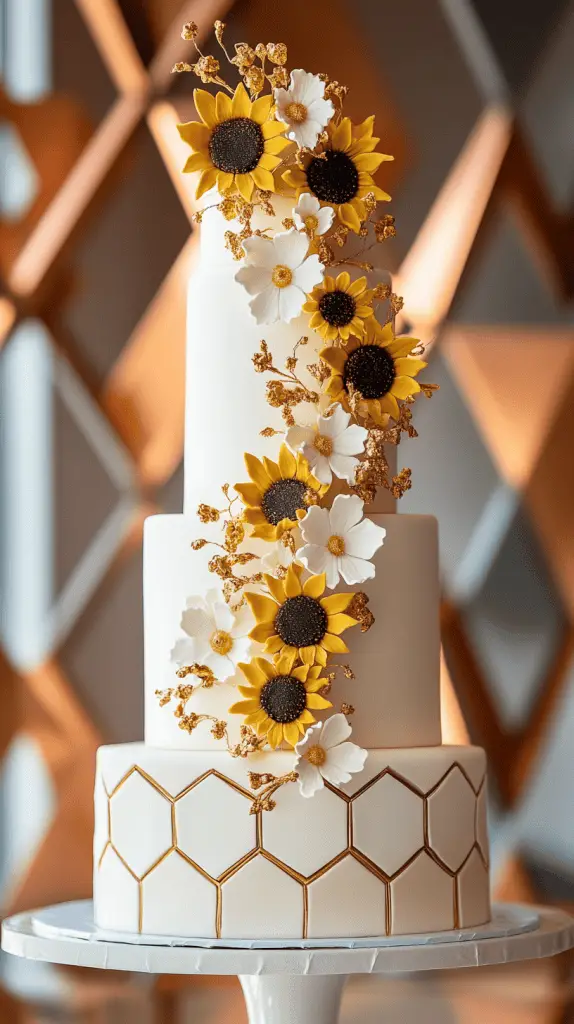 A unique three-tier wedding cake featuring alternating hexagon and round tiers.