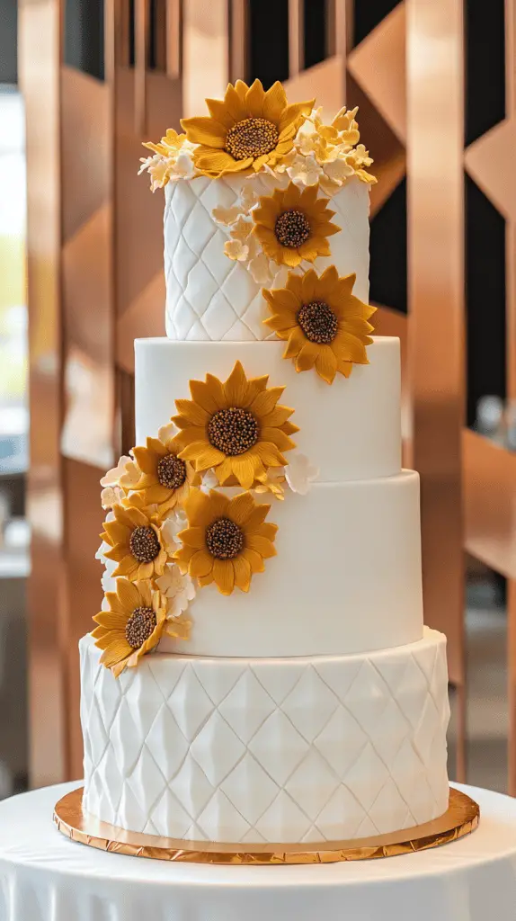 A unique three-tier wedding cake featuring alternating hexagon and round tiers.