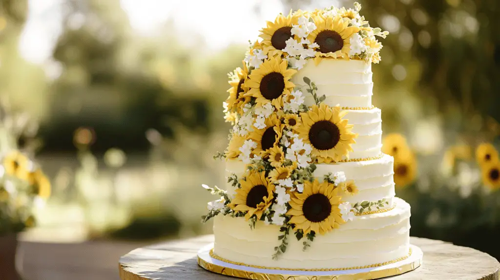 A vibrant three-tier wedding cake decorated with bold, golden sunflowers as the main design element.