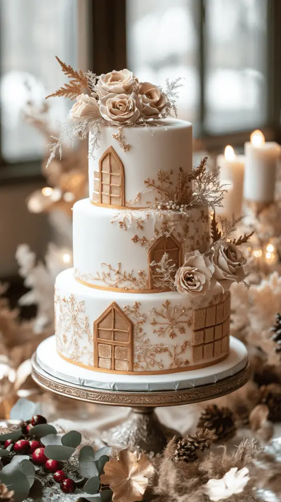 A warm-toned three-tier wedding cake with gingerbread-colored sponge wrapped in a smooth layer of ivory fondant. 