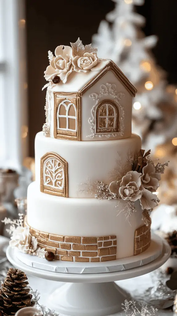 A warm-toned three-tier wedding cake with gingerbread-colored sponge wrapped in a smooth layer of ivory fondant. 