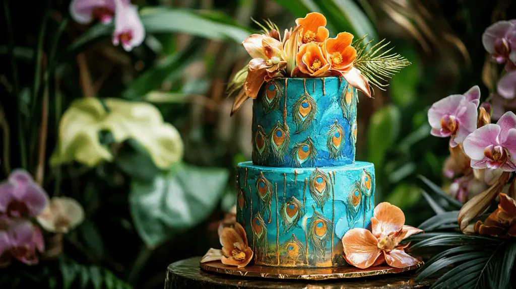 An exotic peacock wedding cake infused with tropical flavors like passionfruit and mango.
