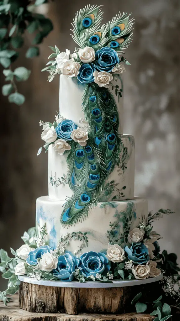 A three-tier peacock-inspired wedding cake adorned with vibrant edible flowers in shades of royal blue, emerald green, and teal.