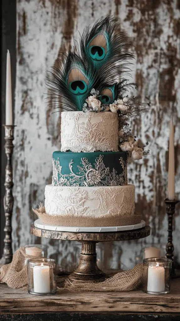 A rustic three-tier naked wedding cake with rough buttercream edges, adorned with dried foliage and vivid peacock feathers. 