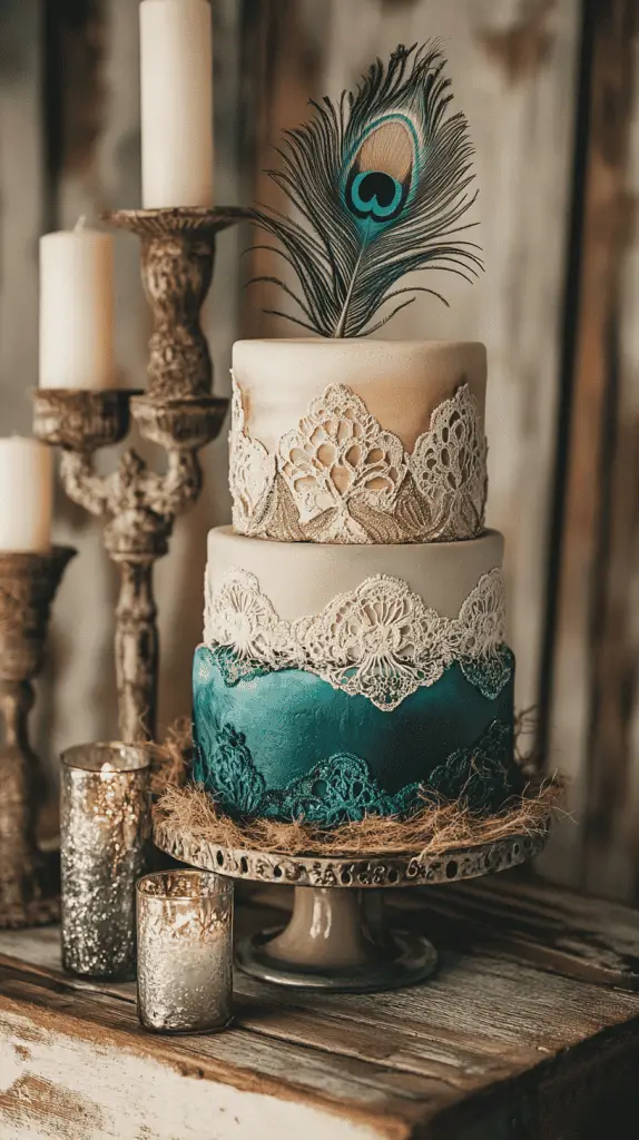 A rustic three-tier naked wedding cake with rough buttercream edges, adorned with dried foliage and vivid peacock feathers. 