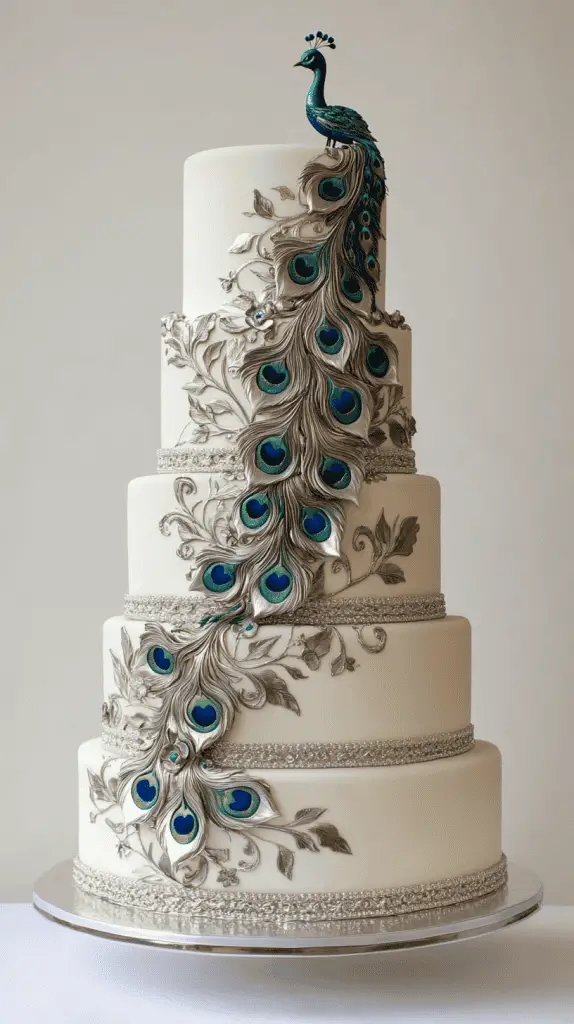 A sophisticated three-tier wedding cake with a smooth ivory fondant base, adorned with hand-painted peacock feather designs in vibrant blues, greens, and teals
